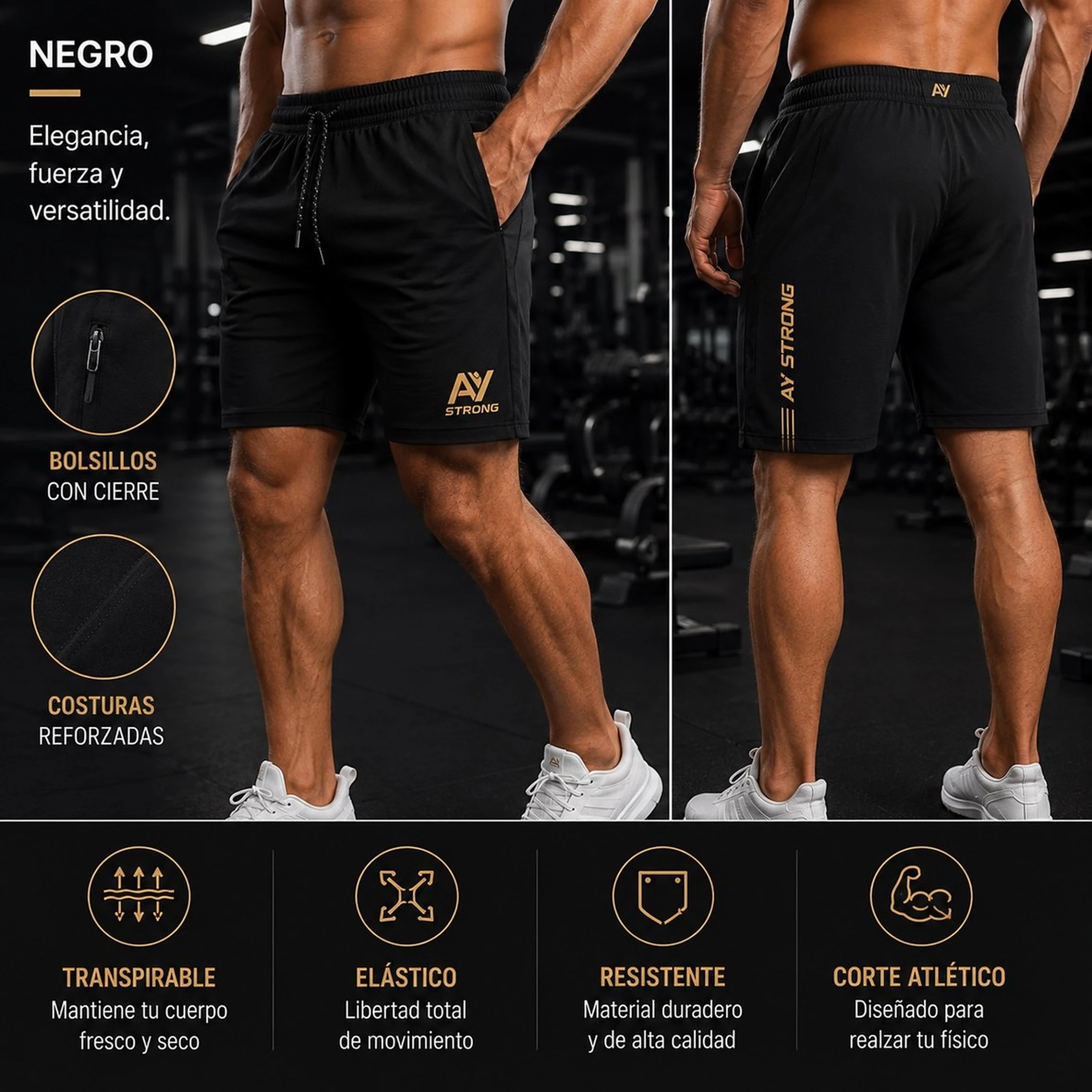 Short Deportivo A/Y Strong Hombre - Negro
